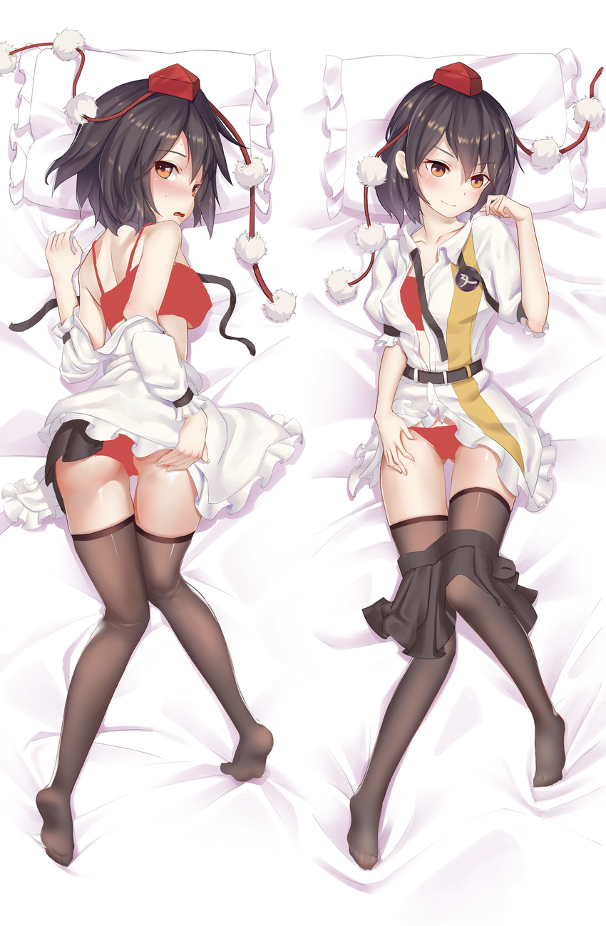 absurdres ass ass_grab bed bed_sheet belt black_ribbon black_skirt blush bra breasts brown_eyes brown_hair brown_legwear closed_mouth collarbone collared_shirt dakimakura eyebrows_visible_through_hair fingernails frilled_pillow frilled_shirt frills full_body hair_between_eyes hand_on_ass hat highres lying medium_breasts miniskirt multiple_views neck_ribbon off_shoulder on_back on_bed on_stomach open_clothes open_mouth open_shirt panties pillow pleated_skirt pom_pom_(clothes) red_bra red_panties ribbon shameimaru_aya shirt short_hair skirt skirt_pull sleeveless smile spaghetti_strap sweatdrop thigh_gap thighhighs tokin_hat touhou unbuttoned unbuttoned_shirt underwear xiaoman_tu