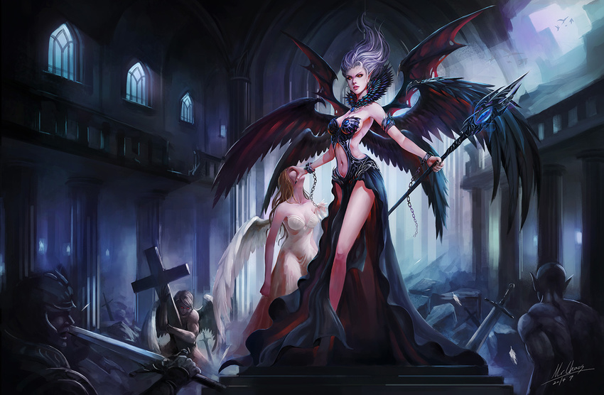 2girls angel_wings armlet black_nails blonde_hair chain cross cuffs face_grab fallen_angel fantasy feathers hand_over_face helmet indoors midriff multiple_boys multiple_girls nail_polish navel open_mouth planted_sword planted_weapon pointy_ears polearm red_eyes shackles signature spear sword weapon wenfei_ye white_feathers white_hair wings