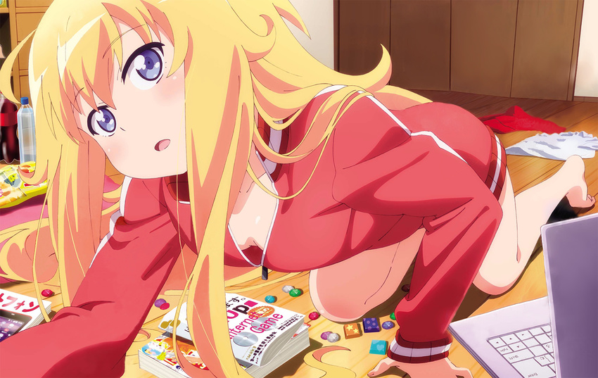 all_fours barefoot blonde_hair blue_eyes blush bottle breasts coke_bottle computer detexted downblouse eyebrows_visible_through_hair gabriel_dropout jacket laptop long_hair long_sleeves looking_at_viewer messy_hair messy_room no_bra no_pants open_mouth small_breasts solo tenma_gabriel_white third-party_edit track_jacket watanabe_mai water_bottle