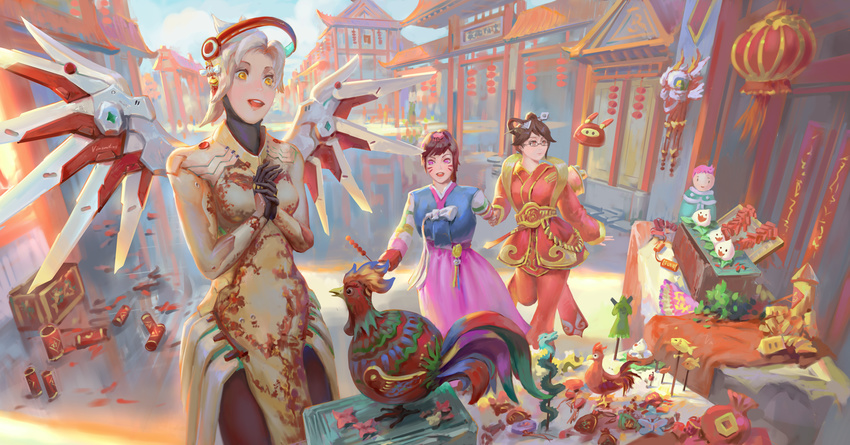 alternate_costume alternate_eye_color alternate_hairstyle backlighting bangs bird black-framed_eyewear blonde_hair bodysuit braid breasts brown_eyes brown_hair brown_legwear bunny_hair_ornament character_doll chicken chinese_clothes chinese_zodiac d.va_(overwatch) day dress drone facepaint facial_mark faulds figure firecrackers food fortune_mercy gate glasses hair_ornament hair_stick hanbok hands_clasped high_ponytail highres holding holding_food holding_hands korean_clothes lantern long_hair long_sleeves looking_at_another looking_away looking_to_the_side luna_mei mechanical_halo mechanical_wings medium_breasts mei_(overwatch) mercy_(overwatch) multiple_girls new_year open_mouth outdoors overwatch own_hands_together pachimari paifang palanquin_d.va paper_lantern perspective pink_skirt purple_eyes reflection road robot rooster short_hair skirt smile snowball_(overwatch) standing standing_on_one_leg street striped_sleeves stuffed_animal stuffed_octopus stuffed_toy swept_bangs table trash vincent_123 water whisker_markings wide-eyed wings year_of_the_rooster yellow_eyes