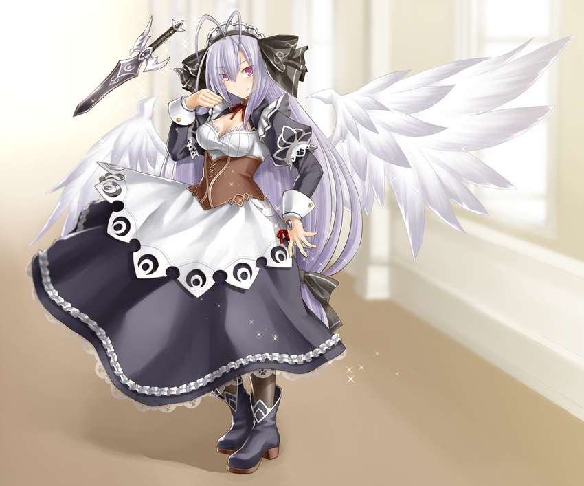 ankle_boots antenna_hair apron black_legwear blush boots breasts cleavage collar corset emil_chronicle_online feathered_wings floating_swords full_body gem hair_over_one_eye hair_ribbon highres juliet_sleeves kasuga_yukihito lavender_hair long_hair long_sleeves looking_at_viewer low-tied_long_hair maid maid_apron maid_headdress medium_breasts mitama_kyrie pink_eyes puffy_sleeves ribbon short_sword smile solo sword very_long_hair weapon white_wings wings wrist_cuffs