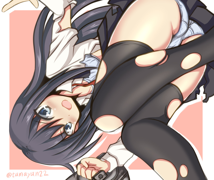 asashio_(kantai_collection) ass bangs black_hair blue_eyes blush bra dress eyebrows_visible_through_hair highres holding kantai_collection long_hair long_sleeves looking_at_viewer machinery open_mouth panties pinafore_dress remodel_(kantai_collection) solo tamayan thighhighs thighs torn_clothes torn_legwear torn_sleeve trefoil twitter_username underwear white_bra white_panties