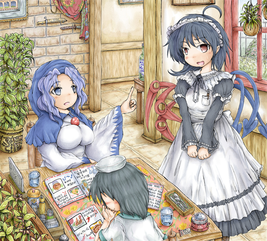 ahoge alternate_costume apron asymmetrical_wings black_hair blue_eyes blue_hair blush bottle breasts chair commentary_request covering_mouth cup cutlery day drinking_glass fork hand_over_own_mouth hanging_plant hat highres hood houjuu_nue index_finger_raised indoors knife kumoi_ichirin large_breasts long_sleeves looking_at_another looking_at_viewer looking_down menu multiple_girls murasa_minamitsu musical_note open_mouth pen_in_pocket photo_(object) plant potted_plant red_eyes restaurant sailor_collar sailor_hat short_hair short_sleeves sitting smile spoon stifled_laugh sweatdrop table tablecloth tile_floor tiles touhou tray v_arms waitress wide_sleeves window wings ys_(ytoskyoku-57)
