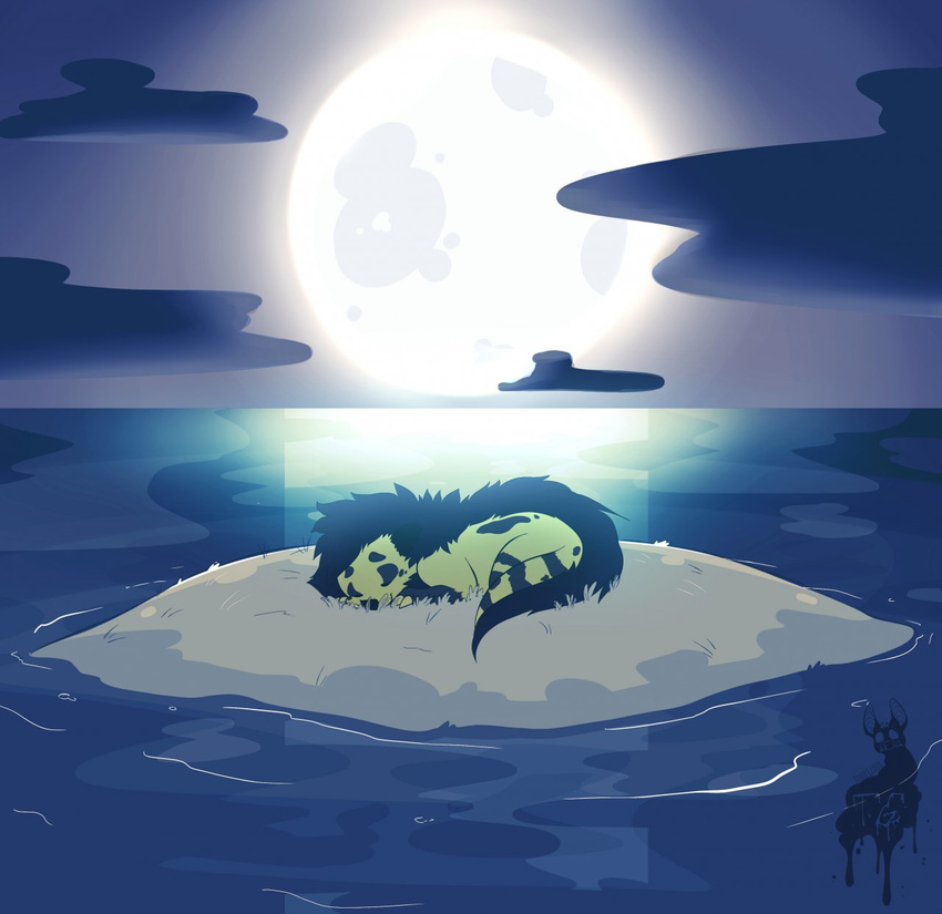 ambiguous_gender cloud feral fur hair night_sky outside puccaruu sleeping solo unknown_species