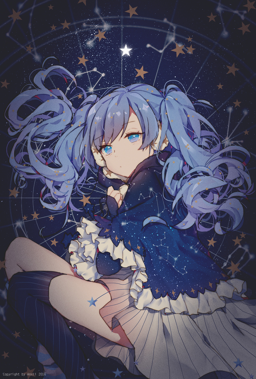 2016 acidear artist_name bangs blue_eyes blue_hair blue_legwear capelet closed_mouth constellation constellation_print dress expressionless eyebrows_visible_through_hair frills fuyu_no_yoru_miku hatsune_miku highres long_hair looking_at_viewer lying on_side single_thighhigh sky solo space_print star star_(sky) starry_background starry_sky starry_sky_print swept_bangs thighhighs twintails vocaloid watermark wavy_hair white_dress