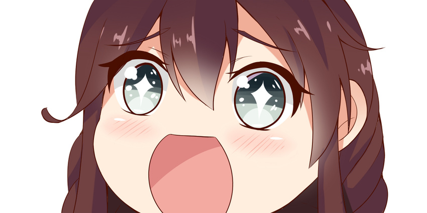 1girl black_eyes braid brown_hair close-up kantai_collection long_hair looking_at_viewer nahaki no_nose noshiro_(kantai_collection) open_mouth simple_background solo sparkling_eyes symbol-shaped_pupils white_background