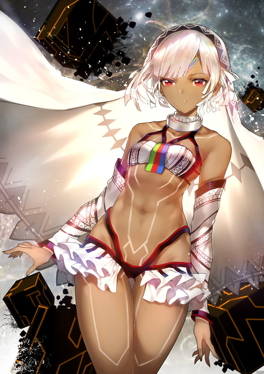 altera_(fate) bare_shoulders breasts dark_skin detached_sleeves fate/extella fate/extra fate/grand_order fate_(series) highres horz long_hair looking_at_viewer navel red_eyes small_breasts solo veil white_hair