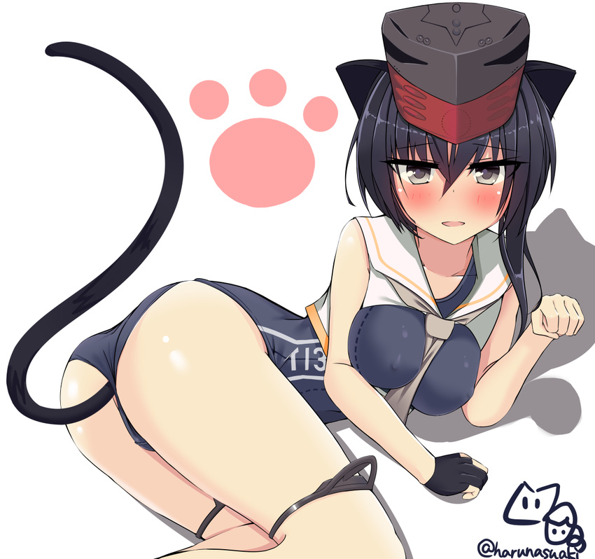 animal_ears ass asymmetrical_hair black_eyes black_hair blush cat_ears cat_tail gloves hair_between_eyes hat headphones i-13_(kantai_collection) kantai_collection logo looking_at_viewer lying on_side open_mouth partly_fingerless_gloves paw_pose paw_print sailor_collar school_swimsuit shiruhino short_hair simple_background single_glove swimsuit tail twitter_username white_background