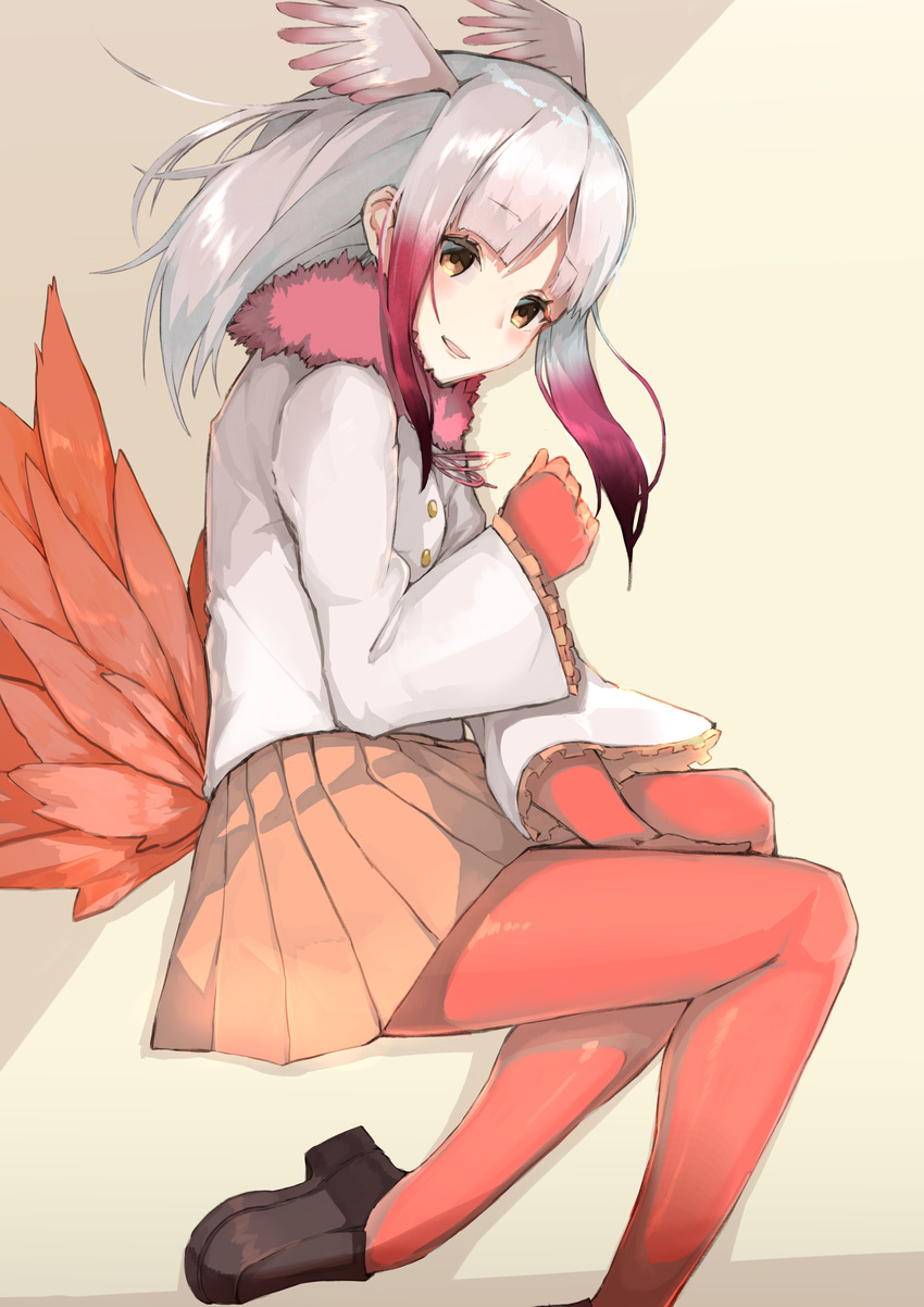 absurdres bangs between_legs brown_eyes brown_skirt eyebrows_visible_through_hair feathers fingerless_gloves frilled_sleeves frills from_above gloves gradient_hair hand_between_legs head_wings highres japanese_crested_ibis_(kemono_friends) kemono_friends loafers long_hair long_sleeves looking_at_viewer lying mugcup multicolored_hair on_side pantyhose parted_lips plantar_flexion pleated_skirt purple_hair red_gloves red_legwear shade shoes sidelocks silver_hair skirt smile solo tail wide_sleeves