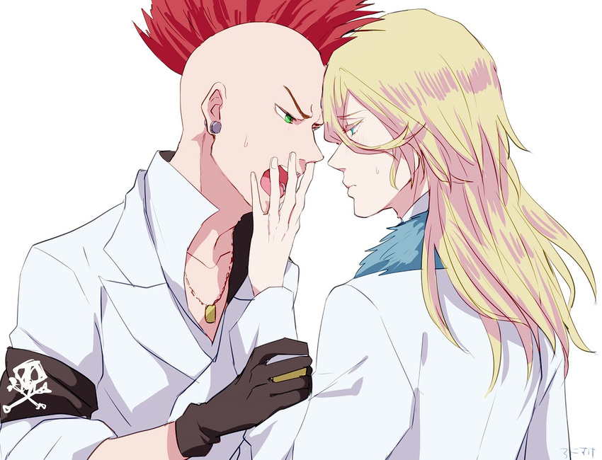 artist_name back bad_id bad_pixiv_id bald bazz-b bleach blonde_hair blue_eyes blush earrings fur_trim gloves green_eyes jewelry jugram_haschwalth long_hair male_focus mohawk multiple_boys necklace open_mouth red_hair ronisuke simple_background teeth upper_body white_background yaoi