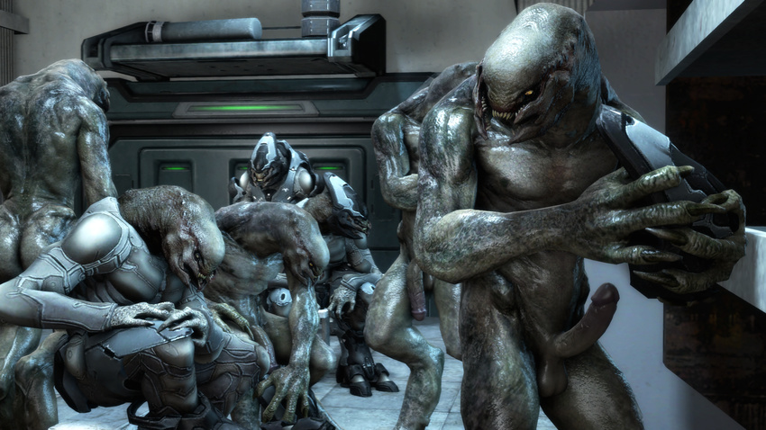 3d_(artwork) alien armor balls clothed clothing digital_media_(artwork) erection flaccid locker_room male mrflaptastic not_furry nude penis scource_filmmaker undressing video_games