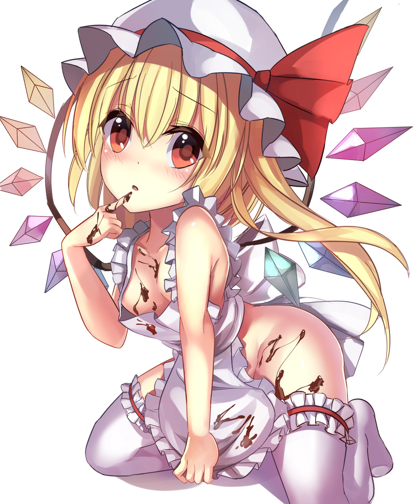 :o apron bangs blonde_hair breasts chocolate finger_to_mouth flandre_scarlet hat hat_ribbon heart heart-shaped_pupils highres janne_cherry kneeling long_hair looking_at_viewer md5_mismatch mob_cap naked_apron red_eyes red_ribbon ribbon side_ponytail simple_background small_breasts solo symbol-shaped_pupils thighhighs touhou white_background white_legwear wings