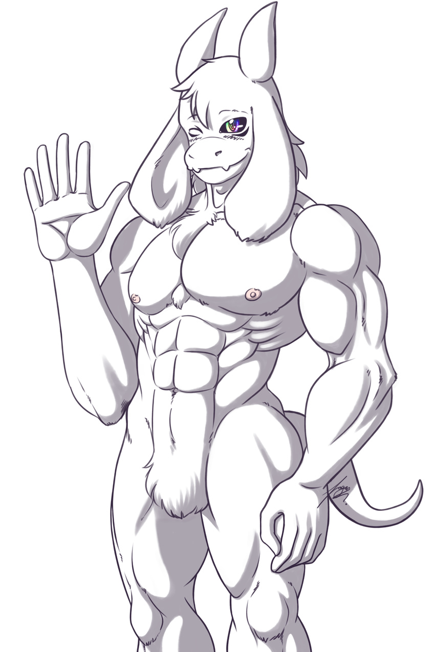 2017 abs asriel_dreemurr biceps boss_monster caprine chest_tuft fangs featureless_crotch fur goat god_of_hyperdeath horn invalid_tag juacamo_(artist) looking_at_viewer male mammal muscular muscular_male nipples one_eye_closed pecs smile solo tuft undertale video_games waving white_fur wink