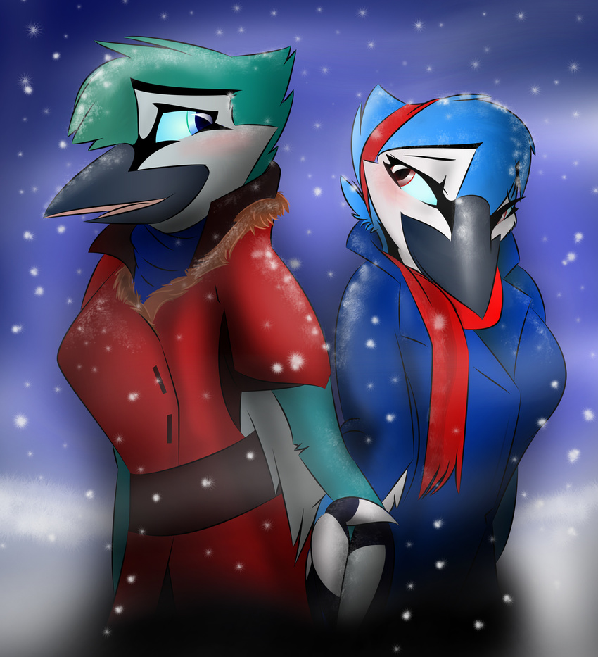 2013 anthro avian beak bird blue_eyes blue_sclera blush brown_eyes clothed clothing corrvo digital_media_(artwork) duo eye_contact feathered_wings feathers female hand_holding male multicolored_feathers outside scarf sky snow snowing standing winged_arms wings