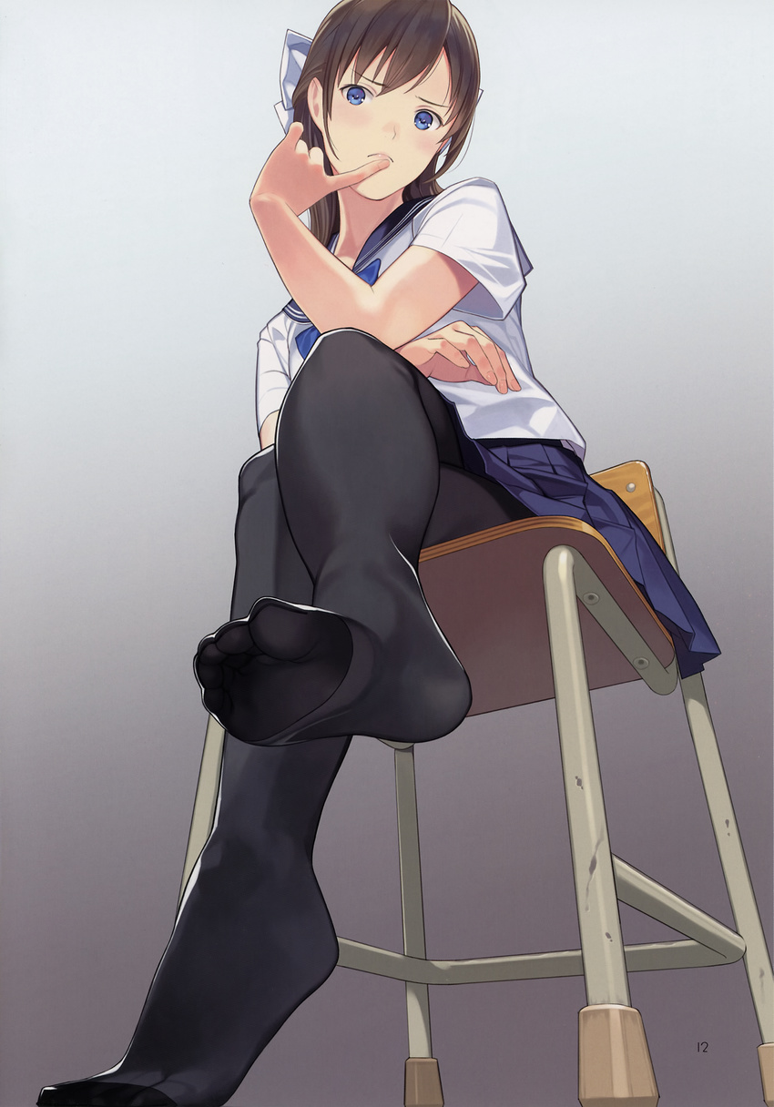 absurdres black_legwear blue_bow blue_eyes blue_neckwear blue_skirt blush bow bowtie chair closed_mouth crossed_legs eyebrows_visible_through_hair feet finger_to_mouth fingernails from_below full_body grey_background hair_bow highres koinumaru-san long_hair looking_at_viewer looking_down mibu_natsuki original page_number pantyhose pink_lips pleated_skirt serious shirt short_sleeves simple_background sitting skirt soles solo toes translation_request white_bow white_shirt