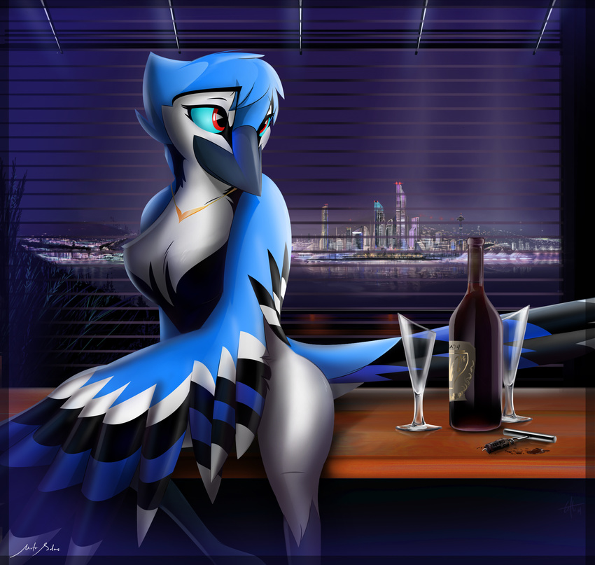 2015 alcohol anthro avian beak beverage bird blue_sclera bottle city corrvo detailed_background digital_media_(artwork) feathered_wings feathers female glass hi_res inside jewelry looking_away multicolored_feathers necklace night nude red_eyes sitting sky solo window wine winged_arms wings