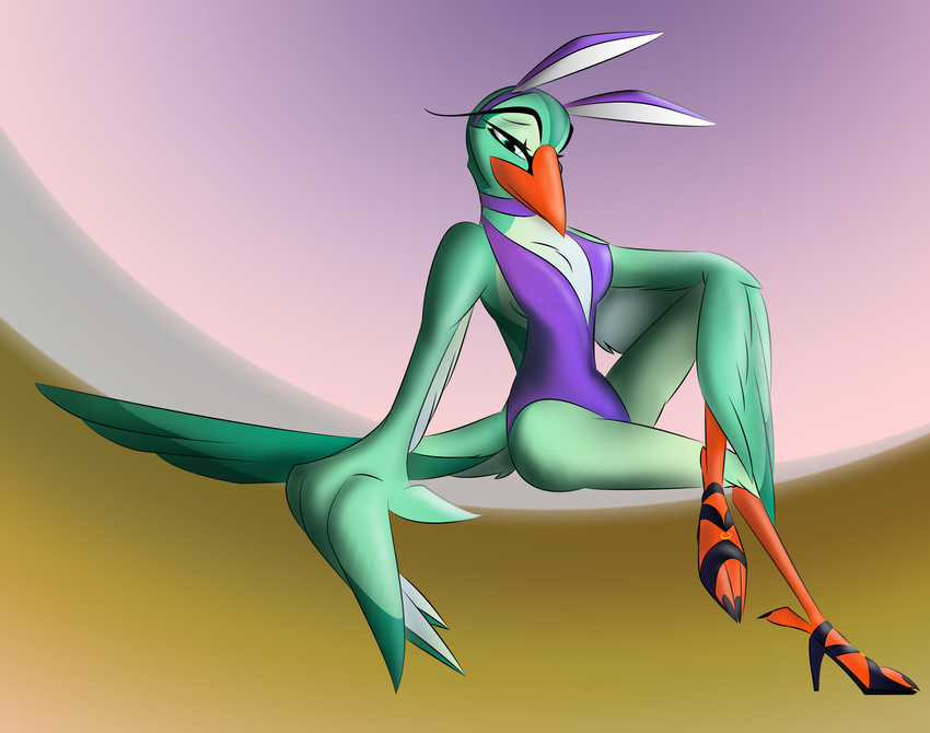 2013 abstract_background anthro avian beak bird clothed clothing corrvo digital_media_(artwork) duo eyebrows fake_ears feather_6 feathered_wings feathers female footwear green_eyes green_feathers hi_res high_heels looking_at_viewer shoes sitting tail_feathers winged_arms wings