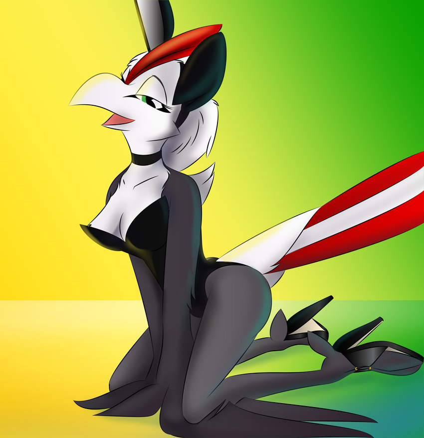 2013 abstract_background anthro avian beak bird breasts cleavage clothed clothing corrvo digital_media_(artwork) fake_ears feathers female footwear green_eyes hi_res high_heels kneeling looking_at_viewer multicolored_feathers open_mouth shoes simple_background solo tail_feathers