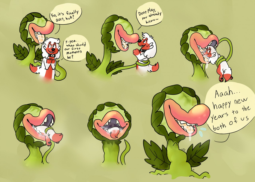 2017 ambiguous_gender anthro audrey_ii blush canine collar dialogue digital_media_(artwork) drooling duo english_text floppy_ears flora_fauna fur leaves lips little_shop_of_horrors mammal neck_bulge nude open_mouth oral_vore pawpads plant saliva sequence simple_background smile soft_vore standing swallowing teeth tentacles text tongue tongue_out vines vore vurren_(artist)