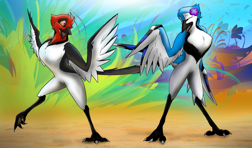 2011 anthro avian beak bird colorful corrvo dancing detailed_background digital_media_(artwork) duo eyes_closed feathered_wings feathers female flower flower_in_hair front_view multicolored_feathers open_mouth orange_sclera plant red_eyes standing tail_feathers winged_arms wings
