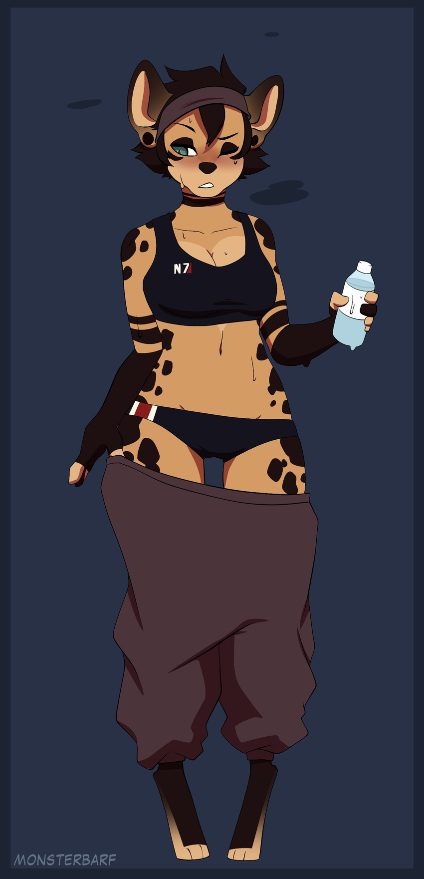 anthro canine clothed clothing female looking_at_viewer mammal puccaruu solo standing sweat water_bottle