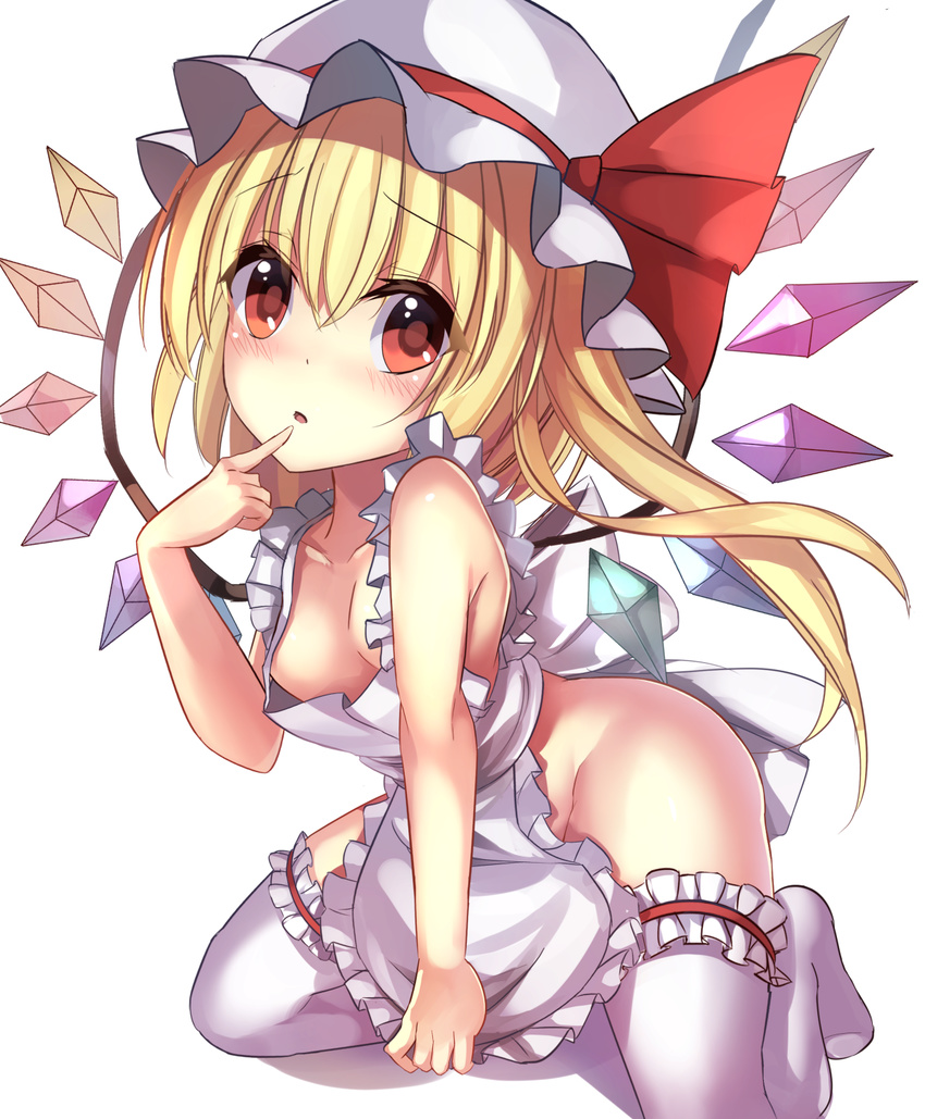 :o apron bangs blonde_hair breasts finger_to_mouth flandre_scarlet hat hat_ribbon heart heart-shaped_pupils highres janne_cherry kneeling long_hair looking_at_viewer md5_mismatch mob_cap naked_apron red_eyes red_ribbon ribbon side_ponytail simple_background small_breasts solo symbol-shaped_pupils thighhighs touhou white_background white_legwear wings
