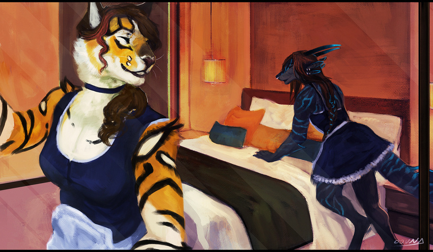 2016 4_ears andy_(korozjin) anthro bed bed_covers bedding bedroom black_fur black_horn black_nose black_scales black_stripes black_tail blue_horn blue_scales blue_stripes blue_tail brown_hair clothed clothing detailed_background digital_media_(artwork) digital_painting_(artwork) dragon duo ear_piercing eyes_closed facial_piercing feline female fur hair horn inside lamp leaning leaning_forward letterbox long_hair maid_uniform mammal multi_ear multicolored_fur nightstand nose_piercing oouna orange_fur perspective piercing pillow scales scalie signature skirt smile standing striped_fur striped_scales striped_tail stripes tiger two_tone_horn two_tone_tail uchoa uniform whiskers white_fur