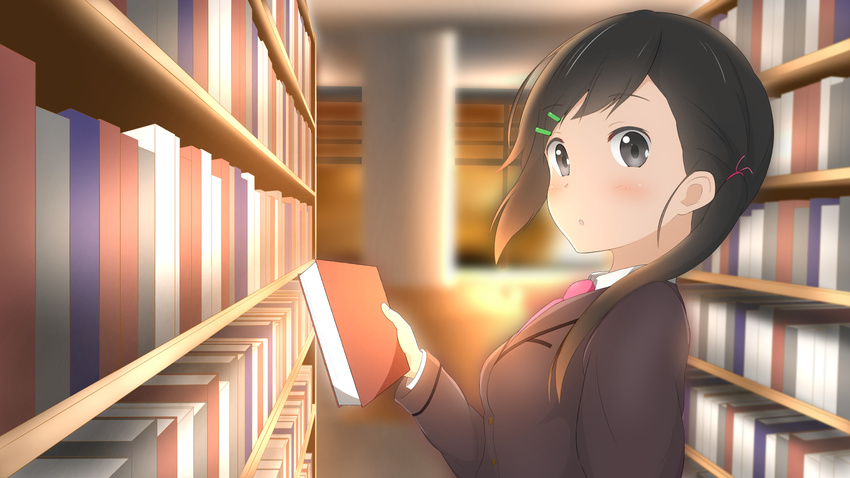 1girl :o aiura book brown_hair grey_eyes hair_ornament hairclip holding library looking_at_viewer numpopo open_mouth school_uniform solo yanase_mei