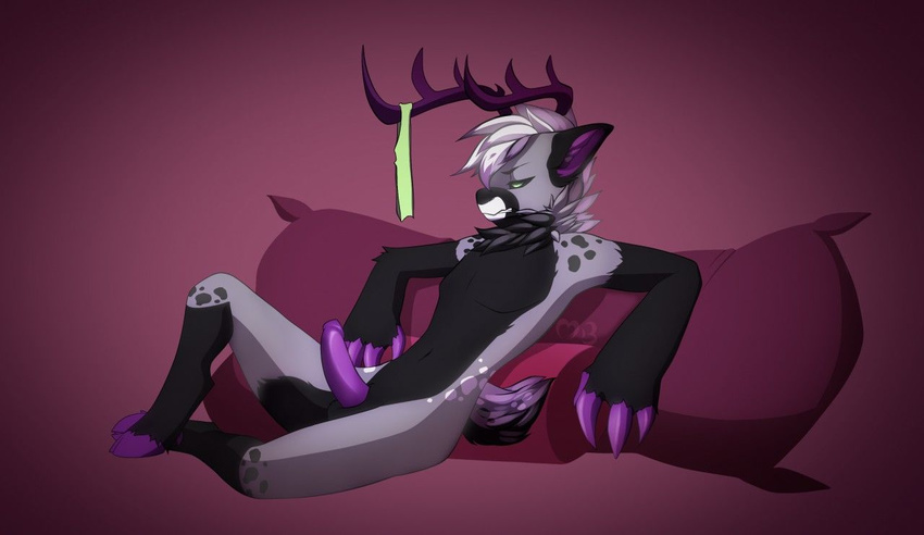 anthro antlers cervine deer erection fur hair horn male mammal navel nude pillow puccaruu sitting solo teeth
