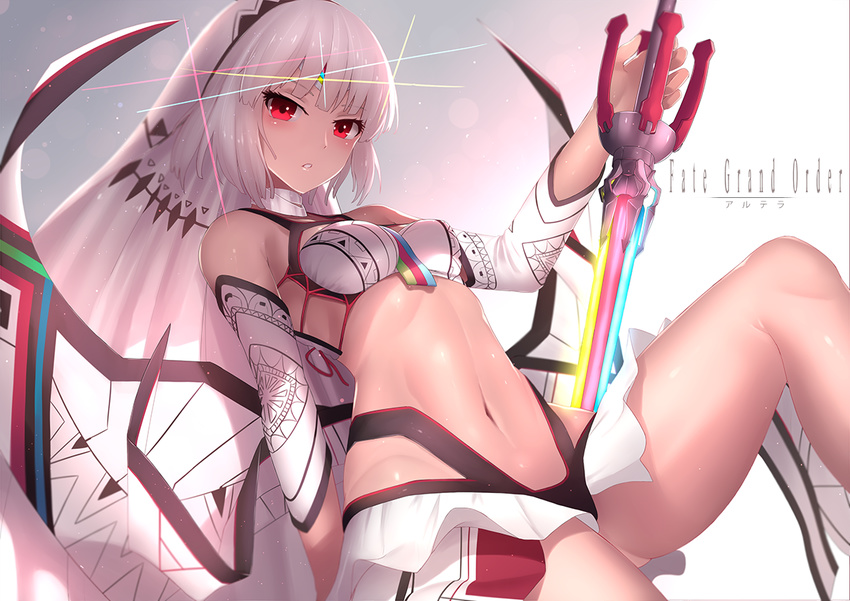 altera_(fate) bare_shoulders breasts bu_li dark_skin detached_sleeves fate/extella fate/extra fate/grand_order fate_(series) long_hair looking_at_viewer midriff navel photon_ray red_eyes small_breasts solo sword veil weapon white_hair