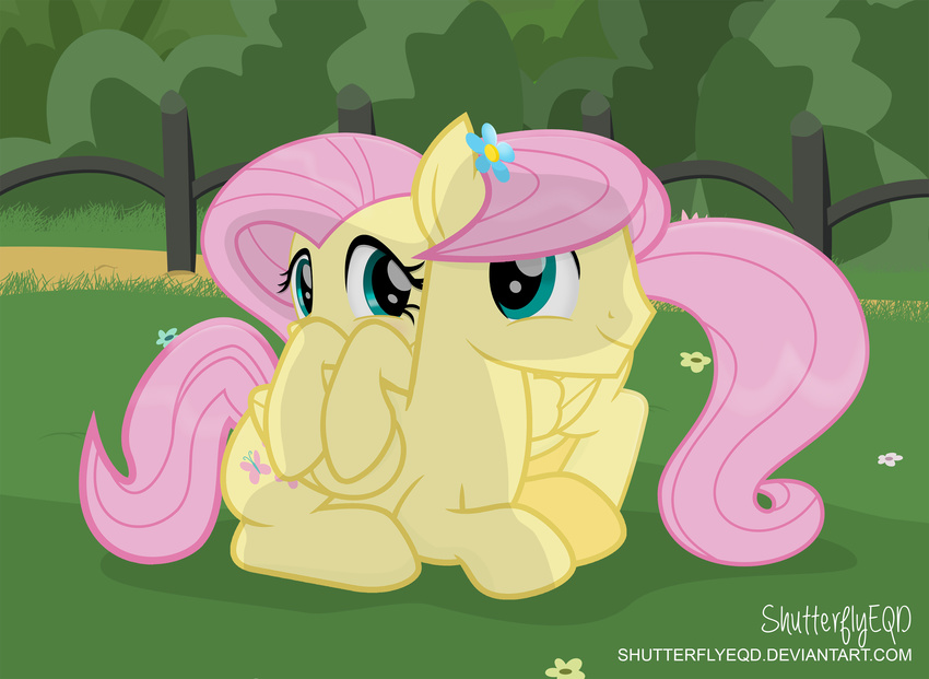 2017 blush crossgender cutie_mark duo equine feathered_wings feathers female feral fluttershy_(mlp) friendship_is_magic grass green_eyes hair hi_res looking_at_viewer mammal my_little_pony outside pegasus pink_hair shutterflyeqd smile wings yellow_feathers