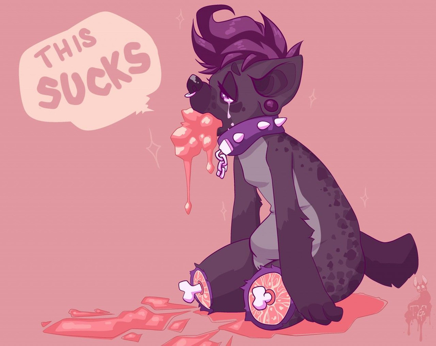 amputee anthro breasts collar english_text featureless_breasts female gore hyena mammal nude puccaruu sitting slightly_chubby solo tears text vomit