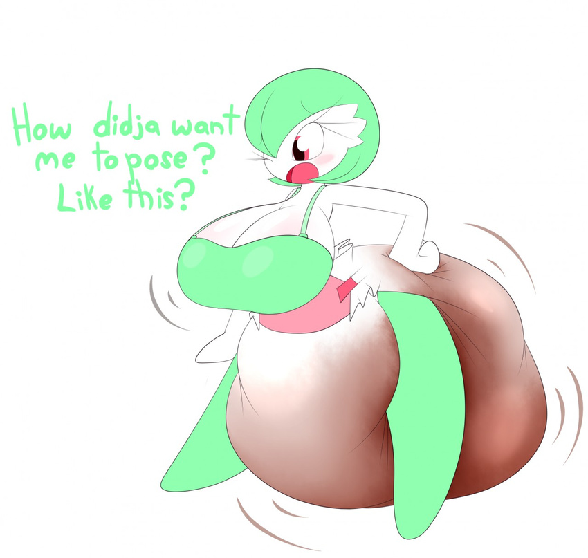 big_breasts breasts cleavage clothed clothing dialogue diaper english_text feces female gardevoir hyper hyper_feces hyper_mess hyper_soiling messy_diaper nintendo open_mouth pok&eacute;mon red_eyes scat sir-dancalot soiling solo text video_games