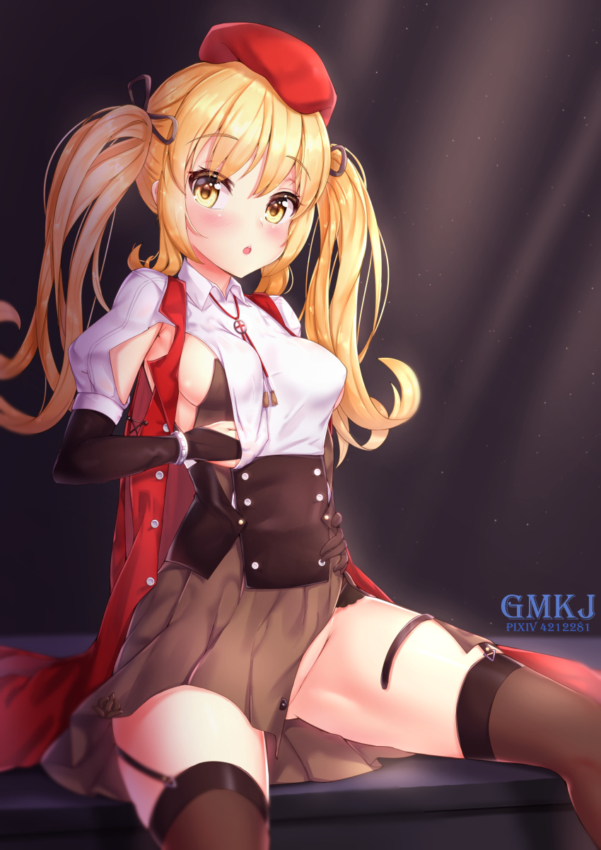 1girl absurdres artist_request beret blonde_hair blush breasts commentary_request garter_straps girls_frontline gmkj groin hair_ornament hat highres jacket looking_at_viewer medium_breasts mod3_(girls_frontline) no_panties open_mouth simple_background sitting solo sten_mk2_(girls_frontline) thighhighs twintails yellow_eyes