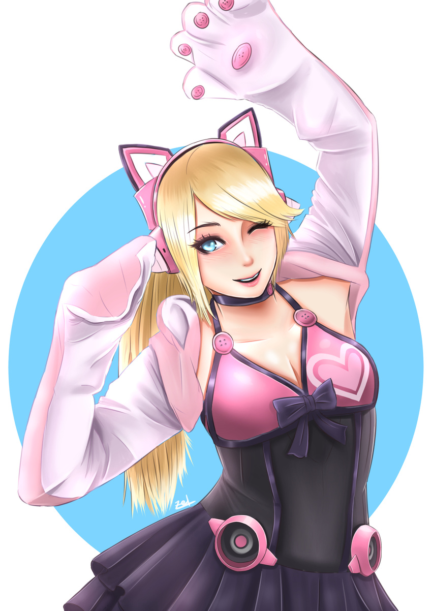 ;) animal_ears arm_up bangs blonde_hair blue_eyes blush breasts cat_ear_headphones cat_ears choker cleavage contrapposto dress eyebrows gloves headphones highres lips lipstick long_hair lucky_chloe makeup medium_breasts one_eye_closed parted_lips paw_gloves paw_pose paws pleated_dress smile solo standing swept_bangs tekken tekken_7 twintails zelknight