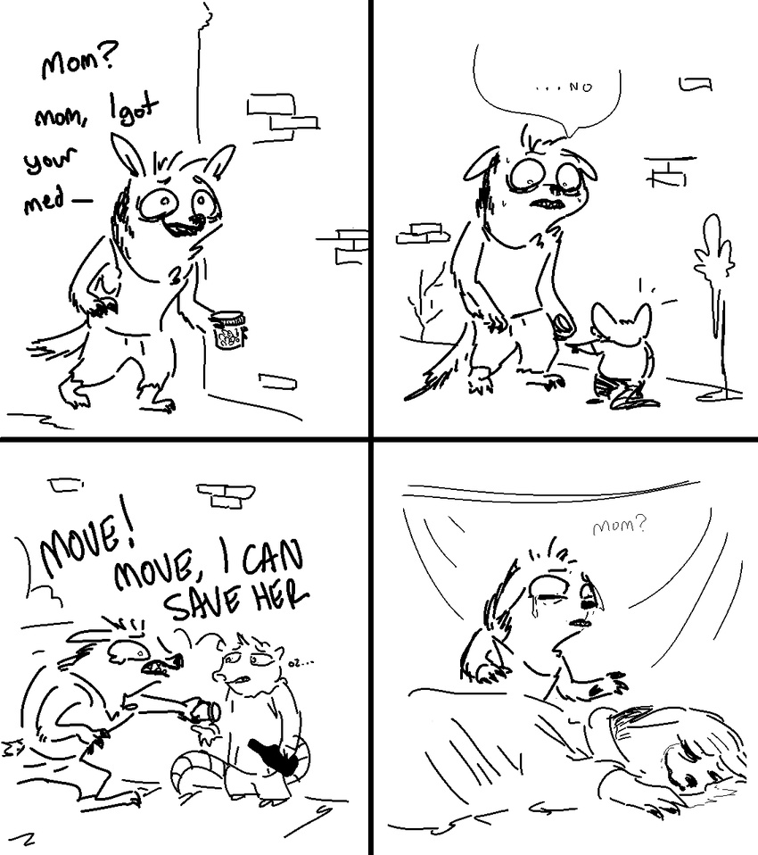 anthro black_and_white clothed clothing comic crying dialogue disney fan_character fur group hyena lying male mammal monochrome mother mouse nobody_(artist) ozzy_(weaver) pack_street parent rodent son speech_bubble tears text young zootopia