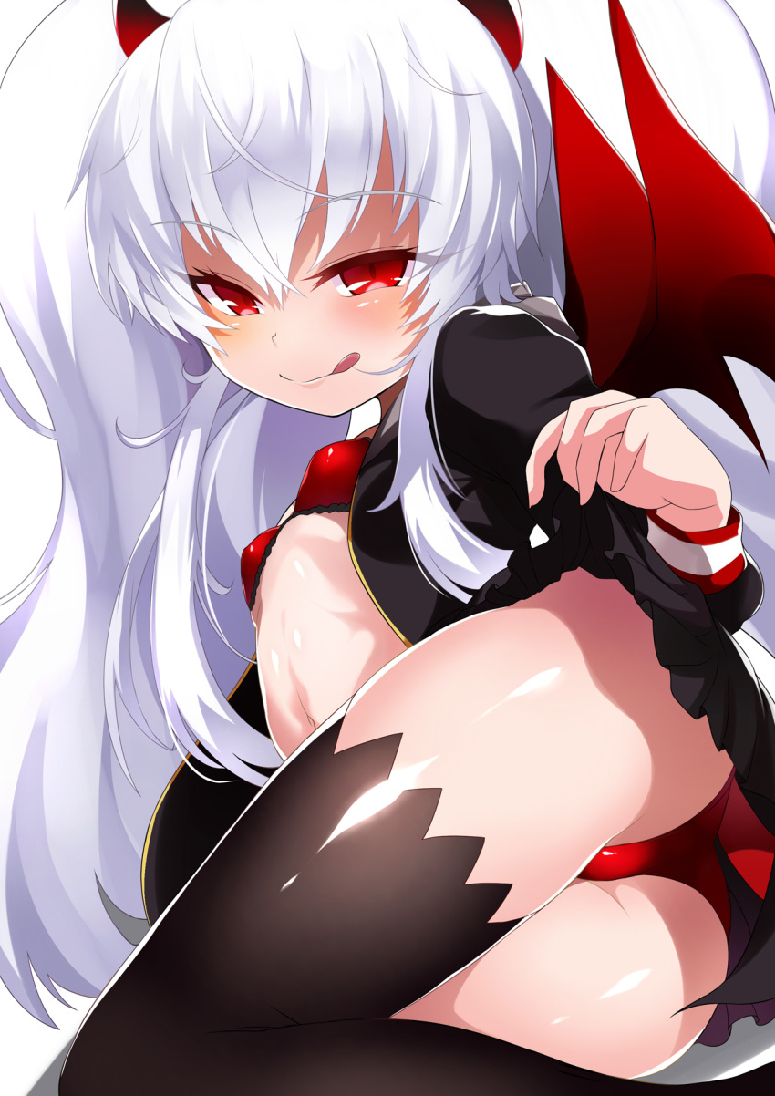 1girl :p ass bat_wings black_legwear black_shirt black_skirt bra breasts commentary_request demon_girl from_behind grim_aloe highres horns lifted_by_self long_hair looking_back lying naughty_face navel on_side open_clothes open_shirt panties quiz_magic_academy quiz_magic_academy_the_world_evolve red_bra red_eyes red_panties shimejinameko shirt skirt skirt_lift small_breasts smile solo succubus thighhighs tongue tongue_out twintails underwear very_long_hair white_hair wings
