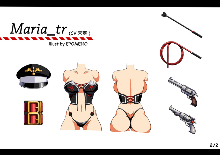 arm_belt artist_name ass backboob breasts character_name collarbone corset dungeon_and_fighter female_gunner_(dungeon_and_fighter) from_behind gun handgun hat highleg highleg_panties large_breasts letterboxed maria_tr mistrie panties peaked_cap revolver riding_crop solo thong torso underwear weapon whip
