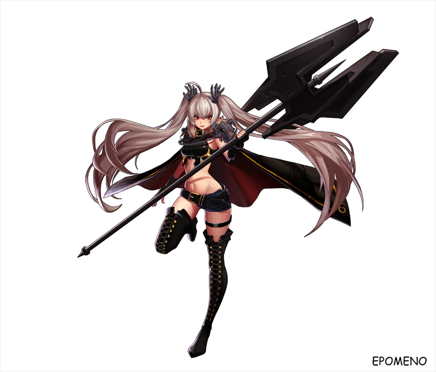 artist_name belt black_footwear black_legwear boots cape cross-laced_footwear fingerless_gloves full_body gloves grey_hair knight lace-up_boots long_hair midriff mistrie navel original red_eyes solo standing standing_on_one_leg thigh_boots thighhighs twintails very_long_hair weapon white_background