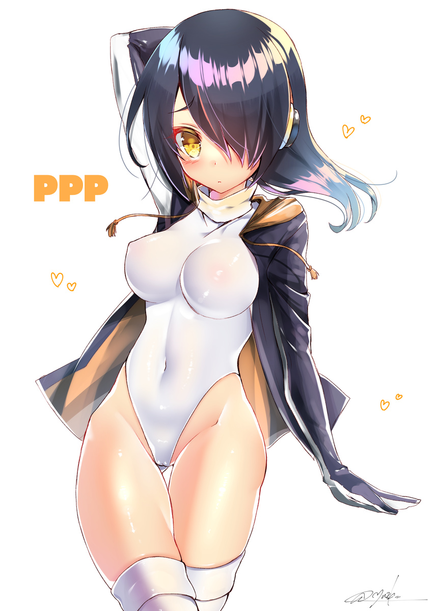 absurdres arm_up artist_name ass_visible_through_thighs bangs black_hair blush breasts cleavage closed_mouth covered_navel covered_nipples cowboy_shot emperor_penguin_(kemono_friends) group_name hair_over_one_eye headphones heart highres hips hood hoodie kemono_friends large_breasts leotard long_hair looking_at_viewer open_clothes open_hoodie see-through signature simple_background solo strapless strapless_leotard thighhighs thighs turtleneck twitter_username white_background white_legwear white_leotard yellow_eyes yuuzaki