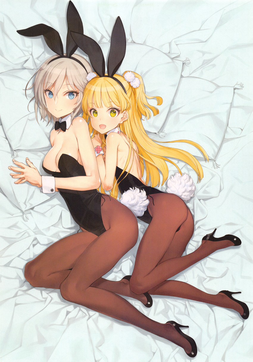 :d absurdres anastasia_(idolmaster) animal_ears ass bangs bare_arms bare_shoulders bed_sheet black_bow black_footwear black_hairband black_leotard black_neckwear blonde_hair blue_eyes blunt_bangs bow bowtie breasts brown_legwear bunny_ears bunny_girl bunny_tail bunnysuit cleavage closed_mouth detached_collar eyebrows_visible_through_hair fake_animal_ears fake_tail from_above green_eyes hairband high_heels highres idolmaster idolmaster_cinderella_girls jougasaki_rika leotard looking_at_viewer looking_up lying medium_breasts multiple_girls on_side ooyari_ashito open_mouth palms_together pantyhose pillow scan shiny shiny_skin shoes short_hair silver_hair smile strapless strapless_leotard tail two_side_up wrist_cuffs