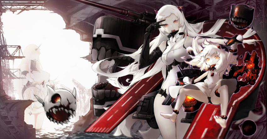 :d ahoge airfield_hime airport bad_id bad_pixiv_id black_panties covered_mouth detached_sleeves dress enemy_aircraft_(kantai_collection) gorikiri holding horn horns kantai_collection leotard long_hair looking_at_viewer machinery military military_vehicle mittens multiple_girls northern_ocean_hime open_mouth orange_eyes panties pantyshot pantyshot_(sitting) pose revision seaport_hime shinkaisei-kan ship sitting sliding smile turret underwear v warship watercraft white_dress white_hair white_skin