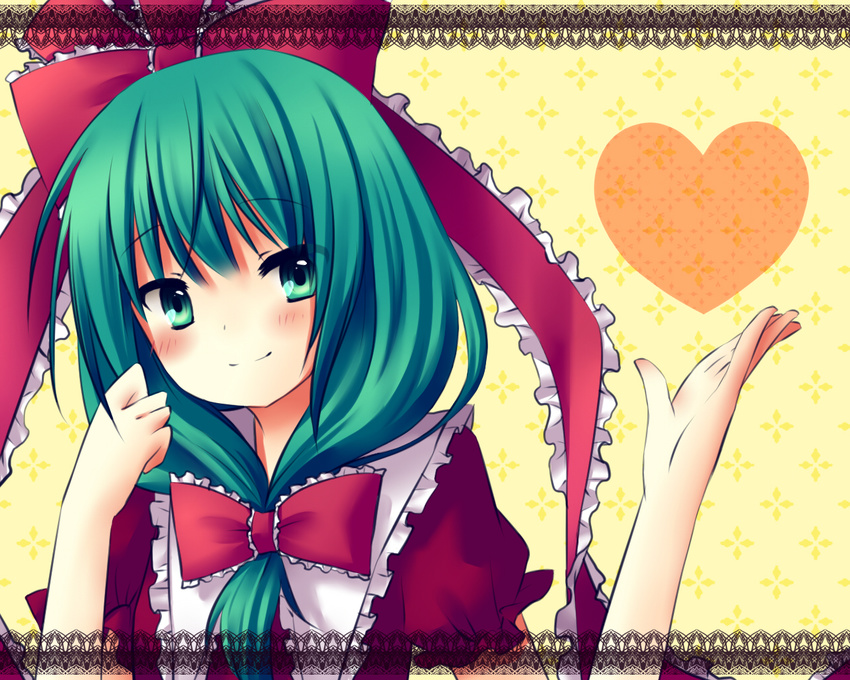 amane_kurumi blush frills front_ponytail green_eyes green_hair heart kagiyama_hina lace simple_background smile solo touhou