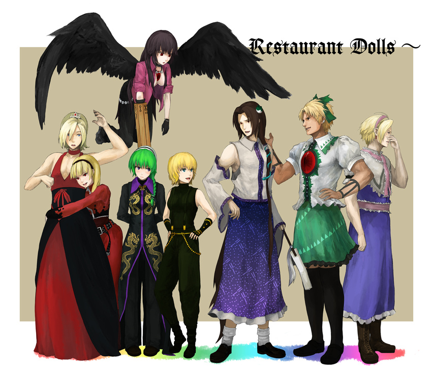 5boys adelheid_bernstein alice_margatroid alternate_hairstyle androgynous arm_cannon ash_crimson beato2528 blonde_hair blue_eyes blush braid brown_hair cosplay costume_switch crossdressing duo_lon green_hair highres kochiya_sanae m.u.g.e.n multiple_boys multiple_girls muscle otoko_no_ko reiuji_utsuho rose_bernstein shen_woo the_king_of_fighters touhou weapon wings