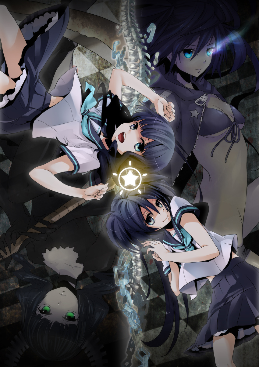 absurdres bikini_top black_hair black_rock_shooter black_rock_shooter_(character) blue_eyes bone burning_eye chain checkered choker dead_master green_eyes highres kuroi_mato long_hair md5_mismatch multiple_girls plastick scar school_uniform scythe skirt spine star takanashi_yomi twintails weapon