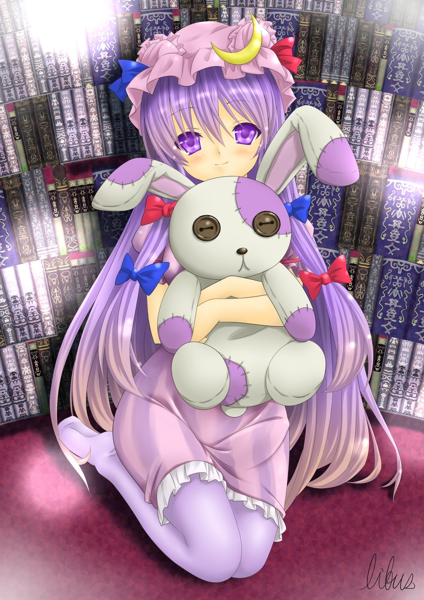 bad_id bad_pixiv_id book crescent hat highres libus long_hair pantyhose patchouli_knowledge purple_eyes purple_hair smile solo stuffed_animal stuffed_bunny stuffed_toy touhou