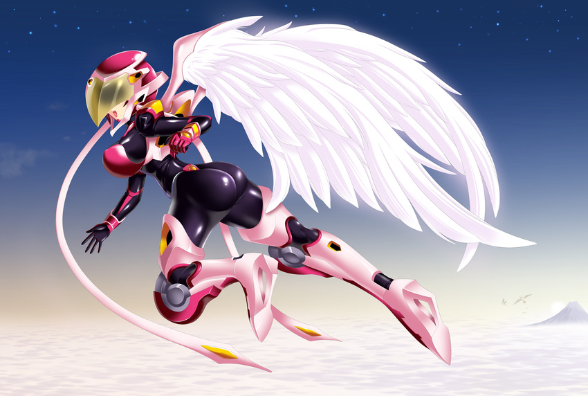 1girl armor ass bodysuit boots breasts character_request copyright_request flying gloves helmet large_breasts lipstick open_mouth ribbon shiny shiny_clothes short_hair sideboob skin_tight smile solo wings yakkey