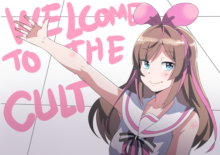 a.i._channel absurdres black_bow blue_eyes blush bow brown_hair english hair_bow hair_ribbon hairband highres julioalqae kizuna_ai long_hair pink_bow pink_hairband pink_ribbon ribbon smile smug text_focus virtual_youtuber