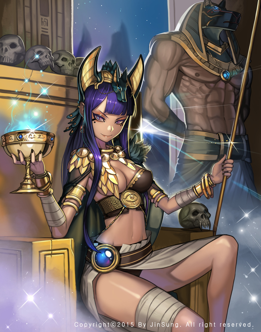 1girl abs absurdres anubis armlet bangs black_panties blunt_bangs bracelet breasts chalice cup cupping_glass earrings egyptian egyptian_clothes egyptian_mythology gem gold headgear highres jewelry kim_jin_sung long_hair looking_at_viewer makeup mask medium_breasts midriff navel night nipples original panties pink_eyes purple_hair sitting skull smile sparkle staff throne underbust underwear