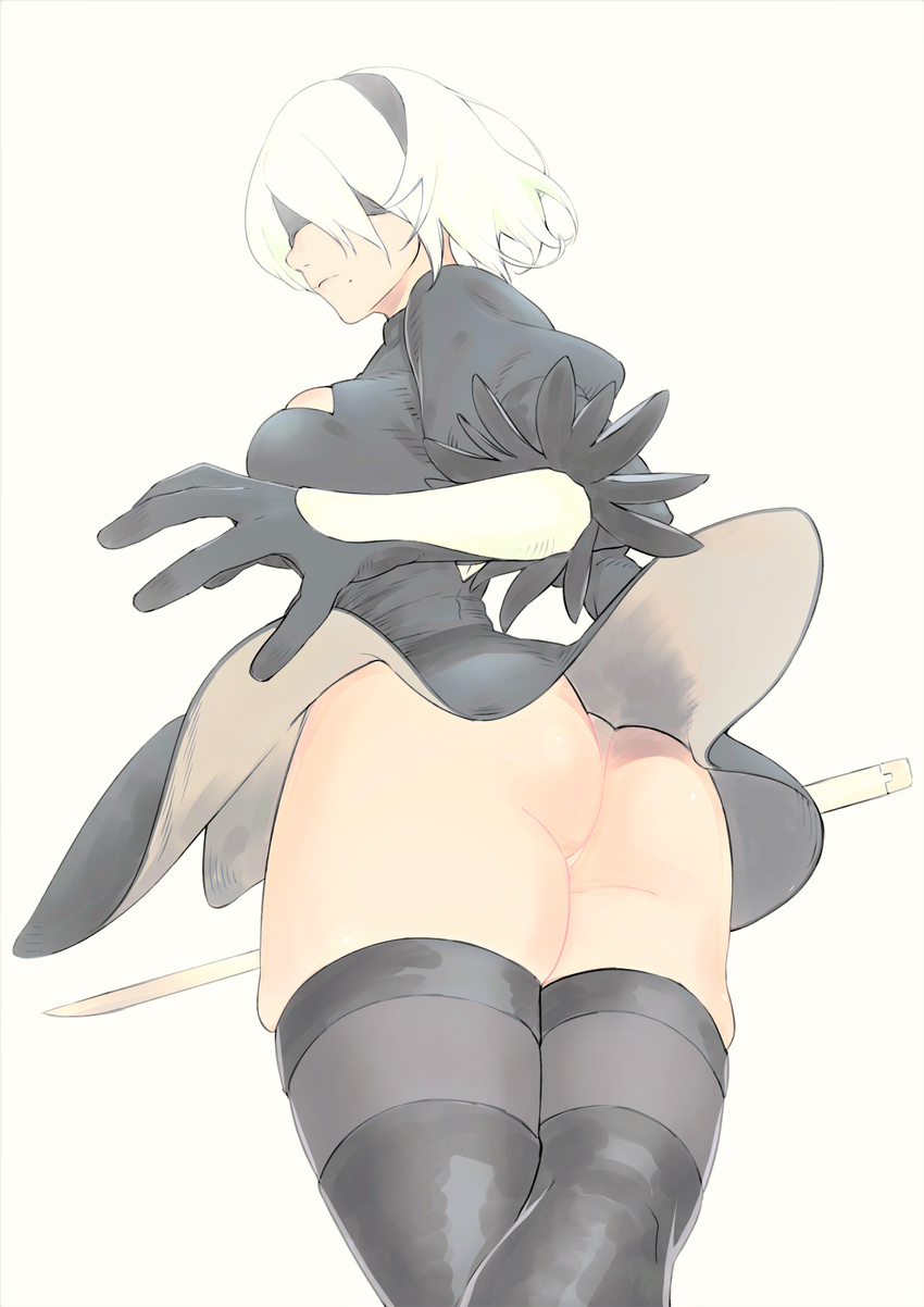 absurdres ass black_dress black_legwear blindfold breasts closed_mouth dress dress_lift feather_trim from_behind gloves headband highres kujuu_shikuro leotard lips long_sleeves looking_back mole mole_under_mouth nier_(series) nier_automata pink_lips profile puffy_sleeves short_dress short_sleeves solo standing sword thick_thighs thighhighs thighs vambraces weapon white_background white_hair yorha_no._2_type_b